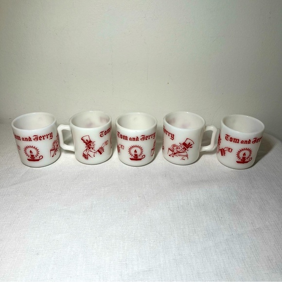Hazel Atlas milk glass. Vintage. Tom and Jerry White and Red Mugs Set. Eggnog. - Picture 1 of 9